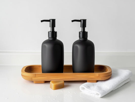 Selone Minimalist Matte Ceramic Soap Dispenser Set - Refillable Hand Soap and Lotion Pump Bottles with Natural Bamboo Tray for Bathroom and Kitchen